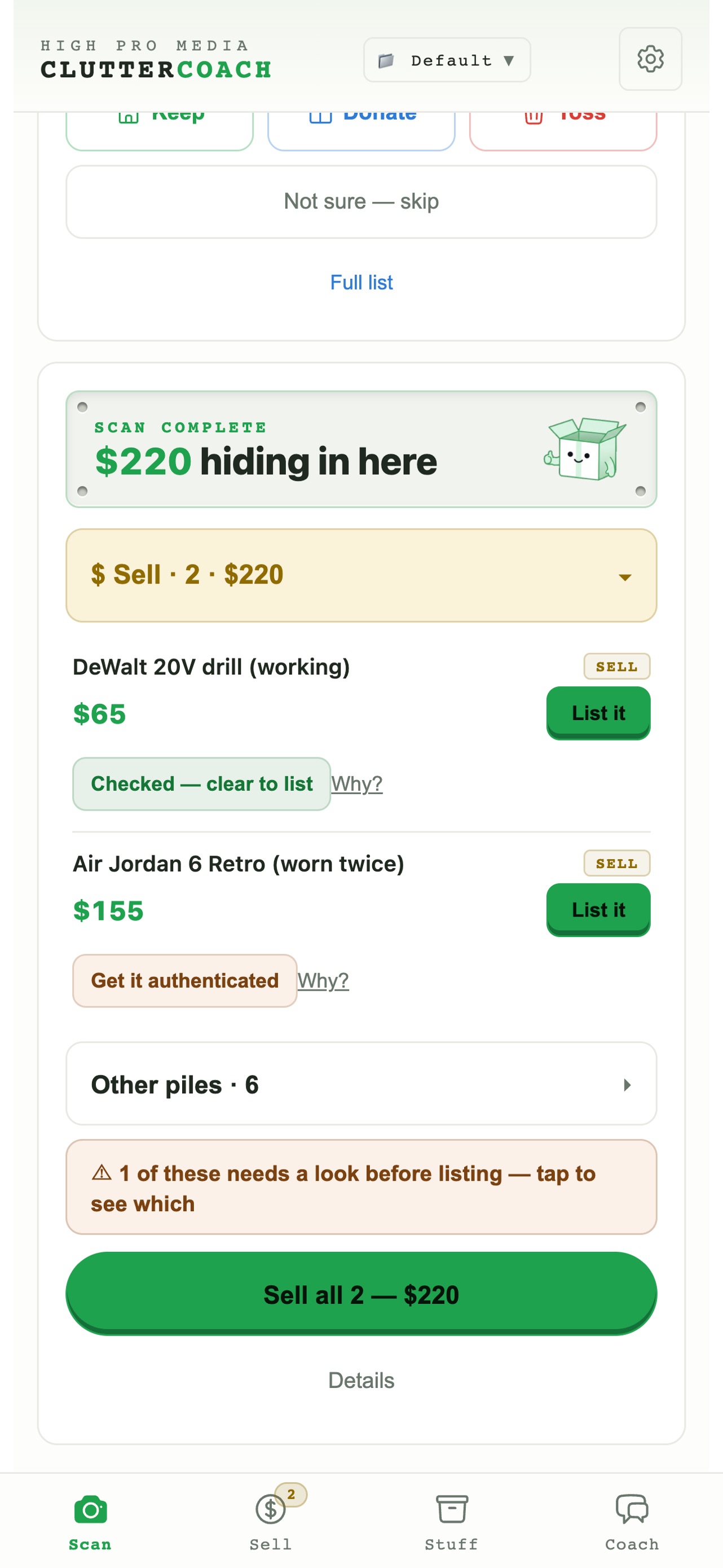 Sell rows: a DeWalt drill at $65 marked clear to list, and Air Jordan 6 Retro at $155 flagged get it authenticated